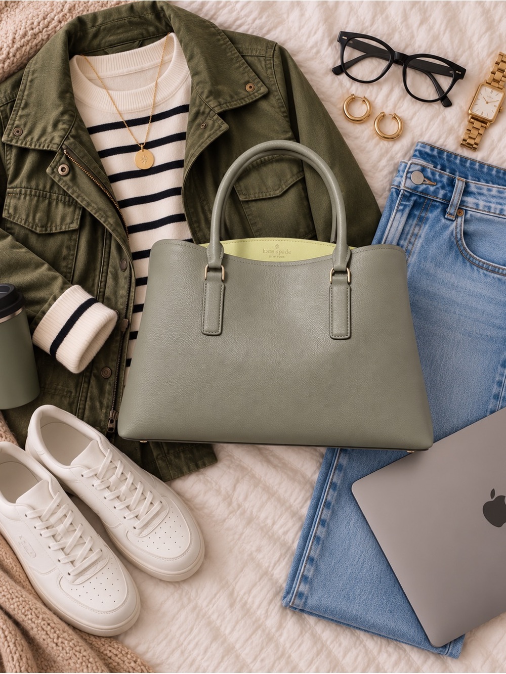 kate spade Thompson Street Satchel Large Olive green with Lime and Gold Hardware